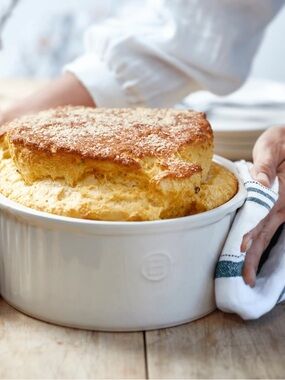Emile Henry Soufflé Dish. Made in France. White Fluted Clay Soufflé.